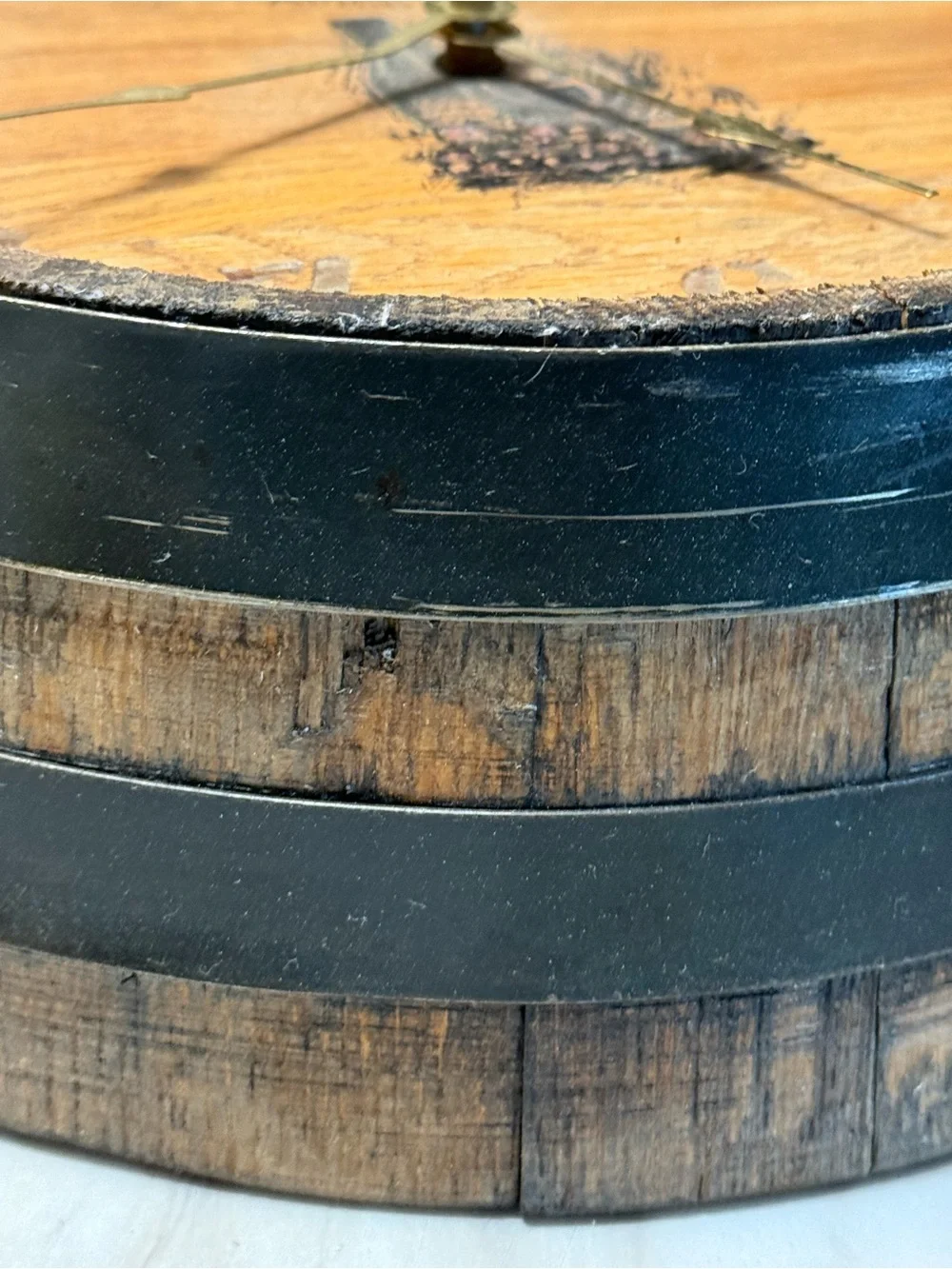 Hand made AMARA Wines Barrel Style Round wall Clock 10in Wood/Metal Analog